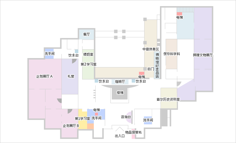 1楼设施图:从出入口进入后,正面设有咨询台,以咨询台为准顺时针方向依次为企划展厅、礼堂、学习室、中庭休息区、捐赠文物展厅、首尔历史资料室、物品保管处。