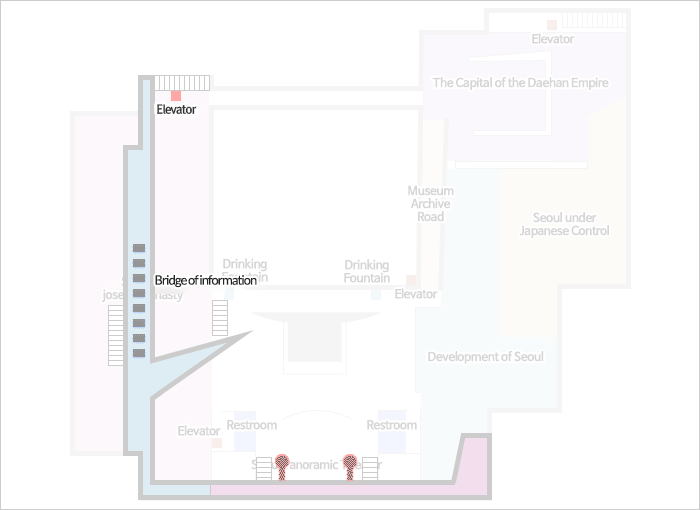 If you go up the stairs or walk up the slope from the Permanent Exhibition Hall on the 3rd floor or take an elevator next to Zone 1, you will find the Bridge of Information on the 4th floor.