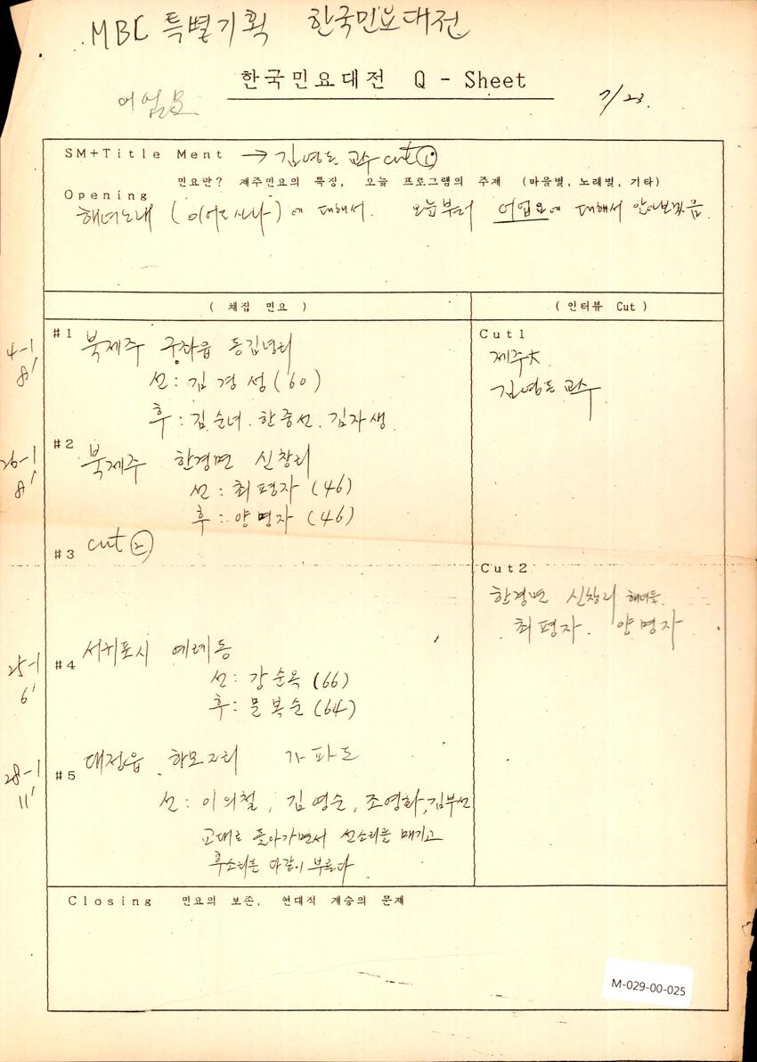 1989년 7월 23일 한국민요대전 라디오 원고 이미지