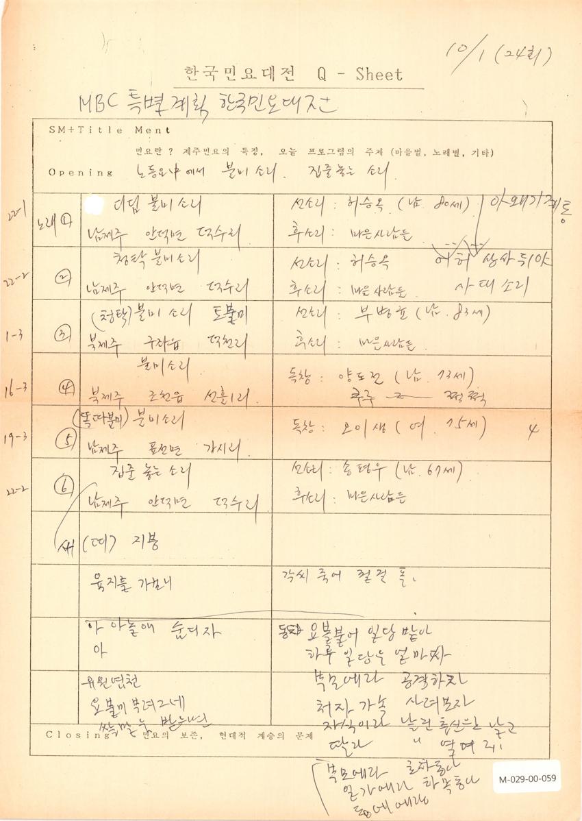 1989년 10월 1일 한국민요대전 라디오 원고 이미지