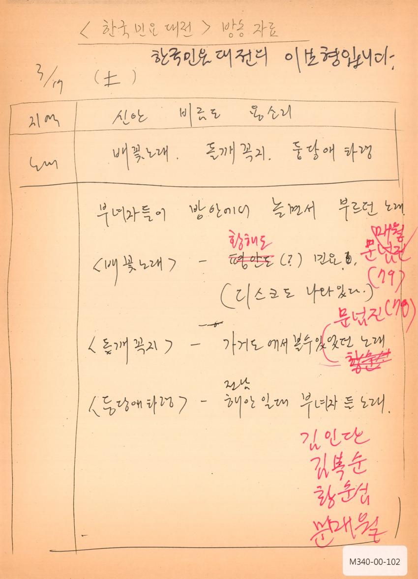1990년 3월 17일 한국민요대전 라디오 원고 이미지