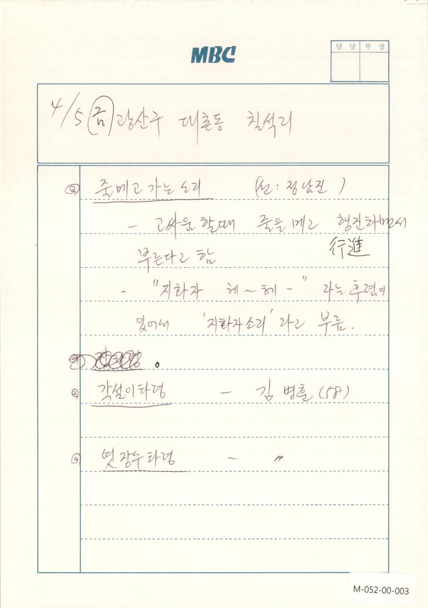 1991년 4월 5일 한국민요대전 라디오 원고 이미지