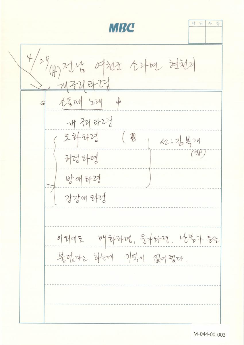 1991년 4월 29일 한국민요대전 라디오 원고 이미지