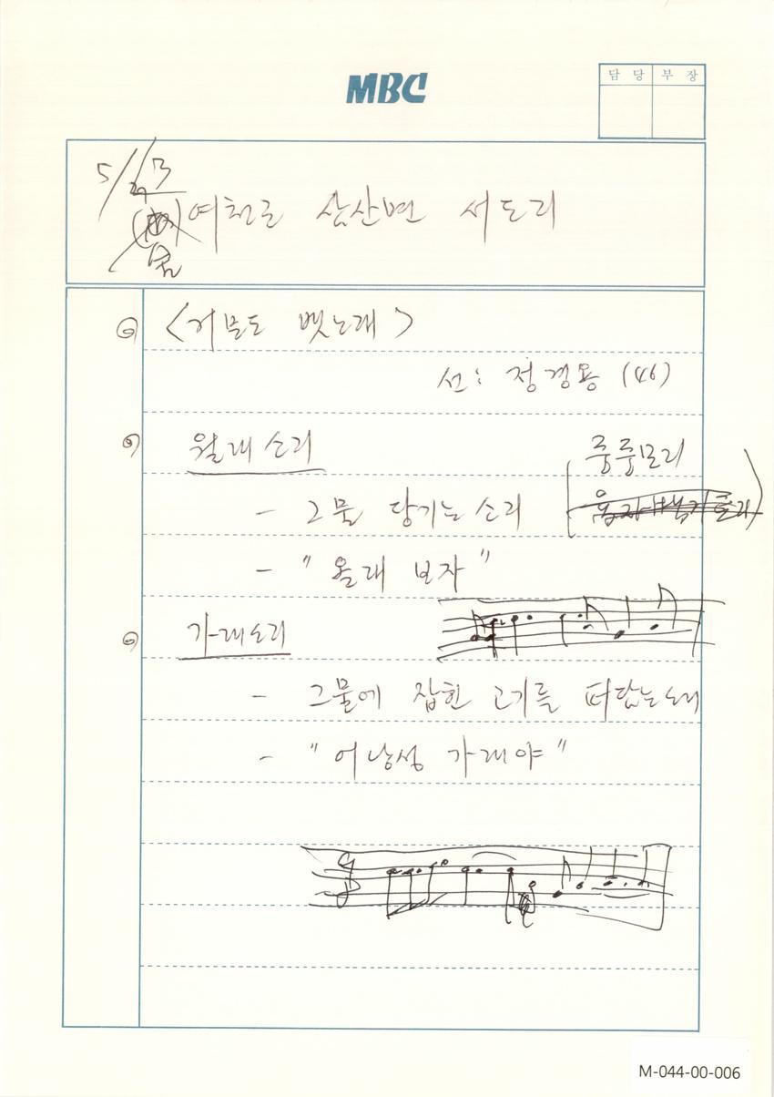 1991년 5월 3일 한국민요대전 라디오 원고 이미지