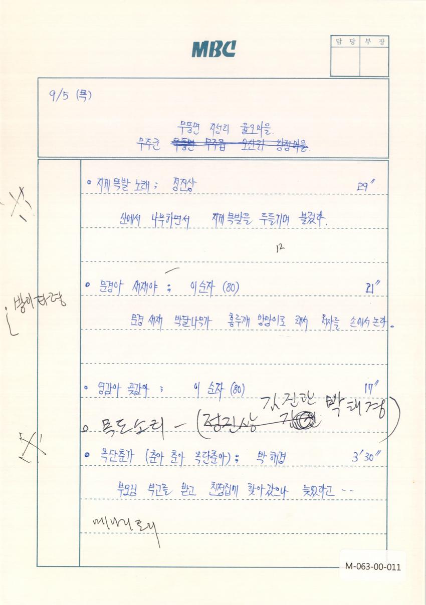 1991년 9월 5일 한국민요대전 라디오 원고 이미지