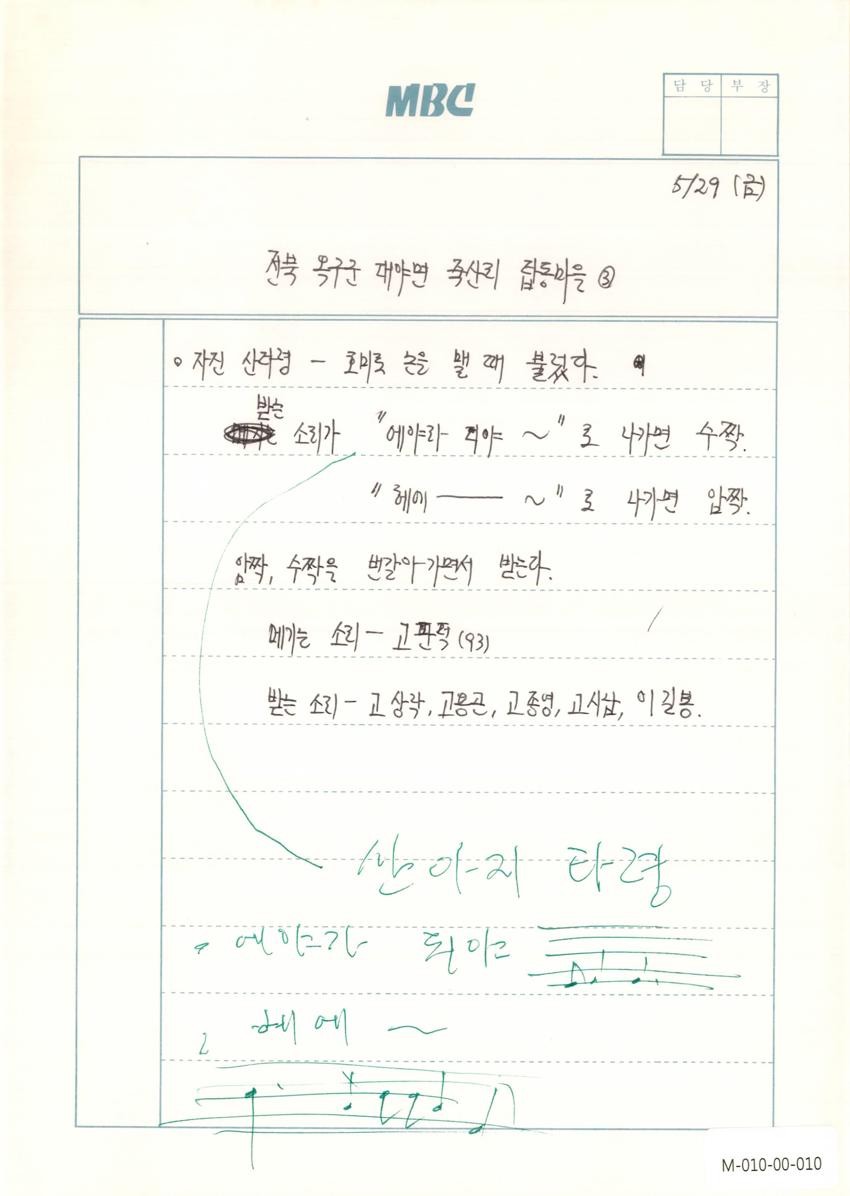 1992년 5월 29일 한국민요대전 라디오 원고 이미지
