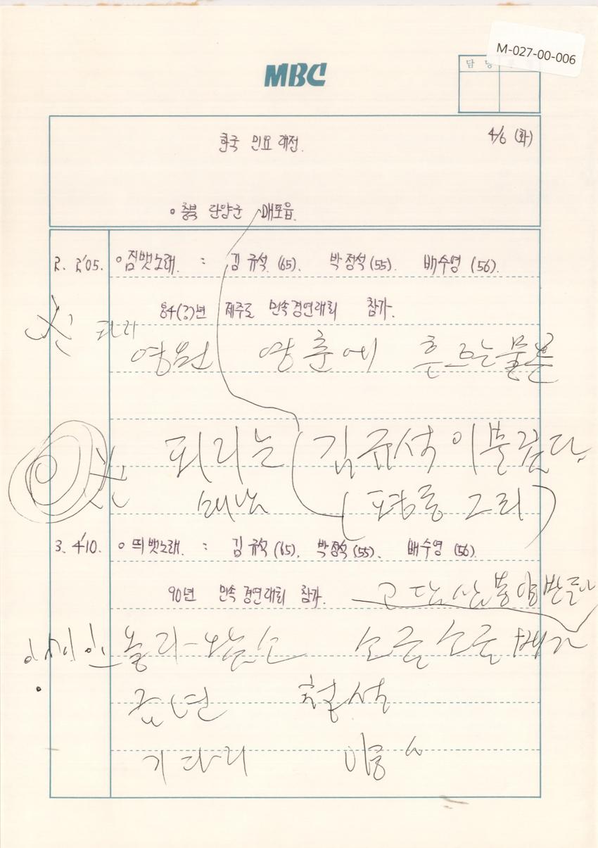 1993년 4월 6일 한국민요대전 라디오 원고 이미지