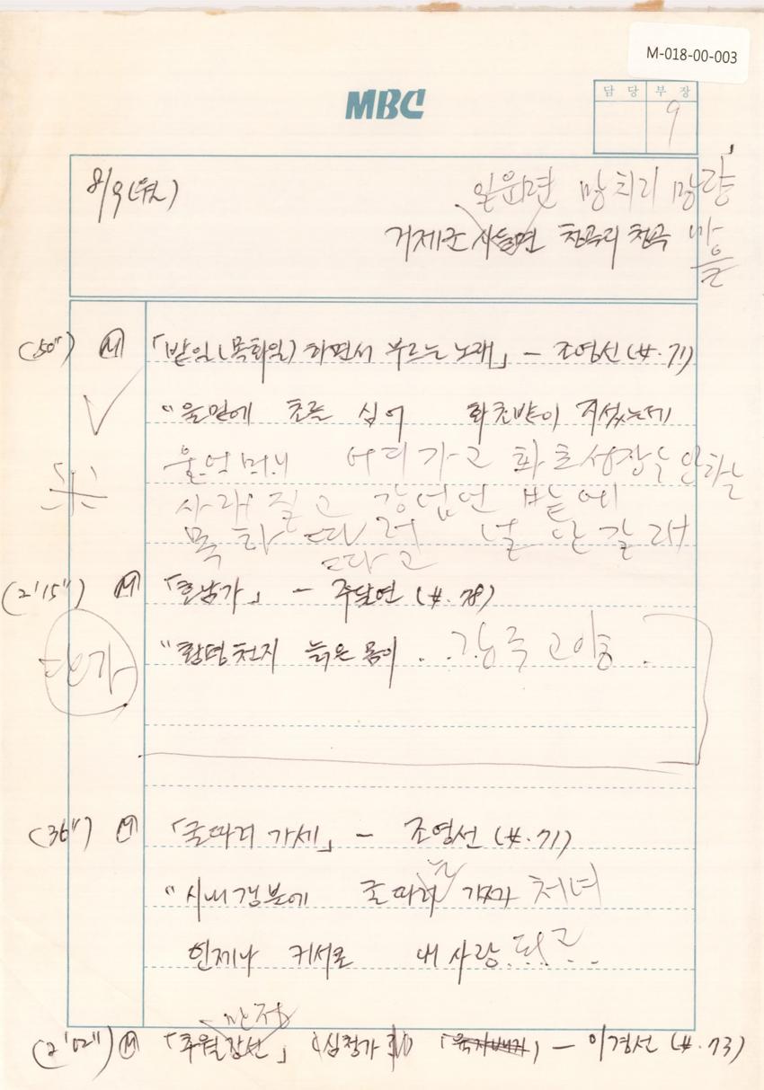 1993년 8월 9일 한국민요대전 라디오 원고 이미지